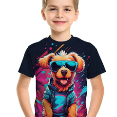 Cartoon Dog Print Boy's Casual Tees Short Sleeve Crew Neck T shirt