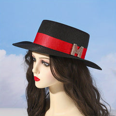M Label Strap Sun Hat Flat Top Straw Jazz Hat British Style Vintage