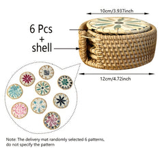 6pcs Rattan Placemat & Coasters Set, Hand Woven Natural Insulation Mat