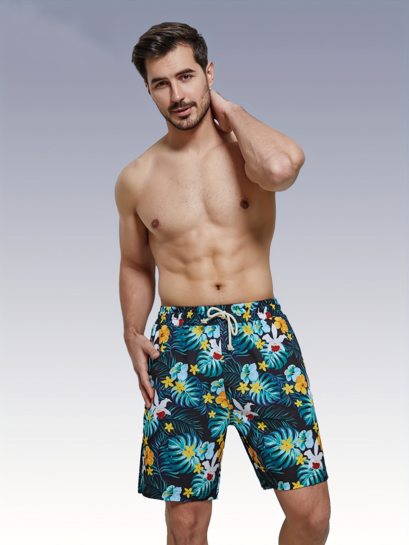 Tropical Flowers & Leaves Print Drawstring Shorts Men's Lounge Shorts