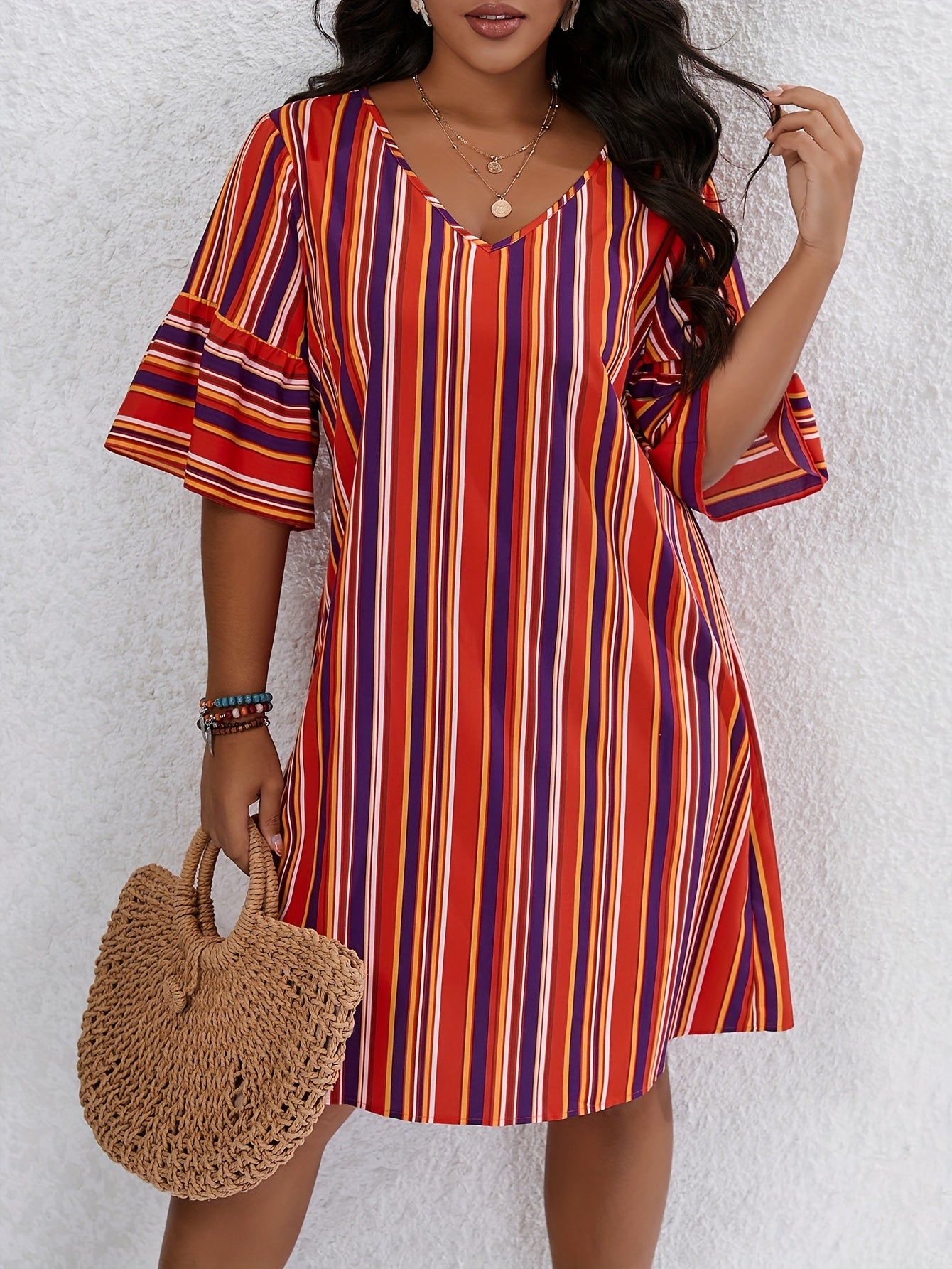 Stripe Print V Neck Loose Fit Mini Dress
