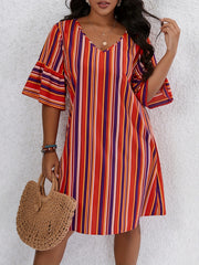 Stripe Print V Neck Loose Fit Mini Dress