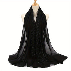 Chiffon Scarf Rhinestone Leaf Decor Hijab Classic Shawl