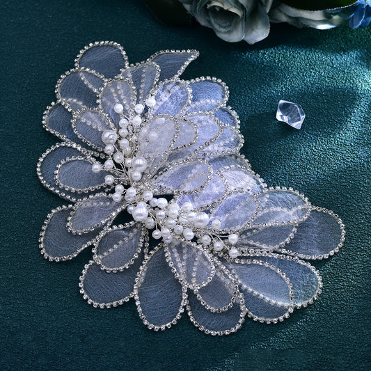 Faux Pearl & Tulle Leaf Floral Lace Headpiece for Weddings