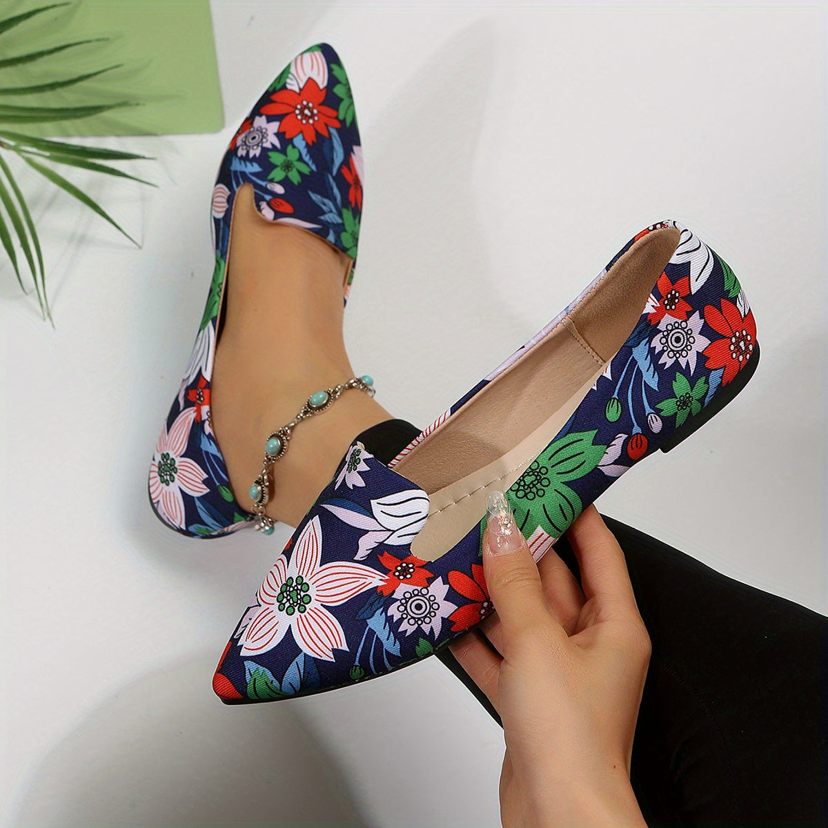 Floral Print Flat Shoes Pointed Toe Slip On Comfy Flats