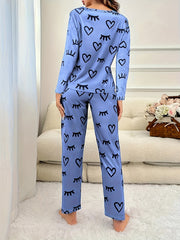 Heart & Eyelash Print Long Sleeve Pajamas 2 PC Set