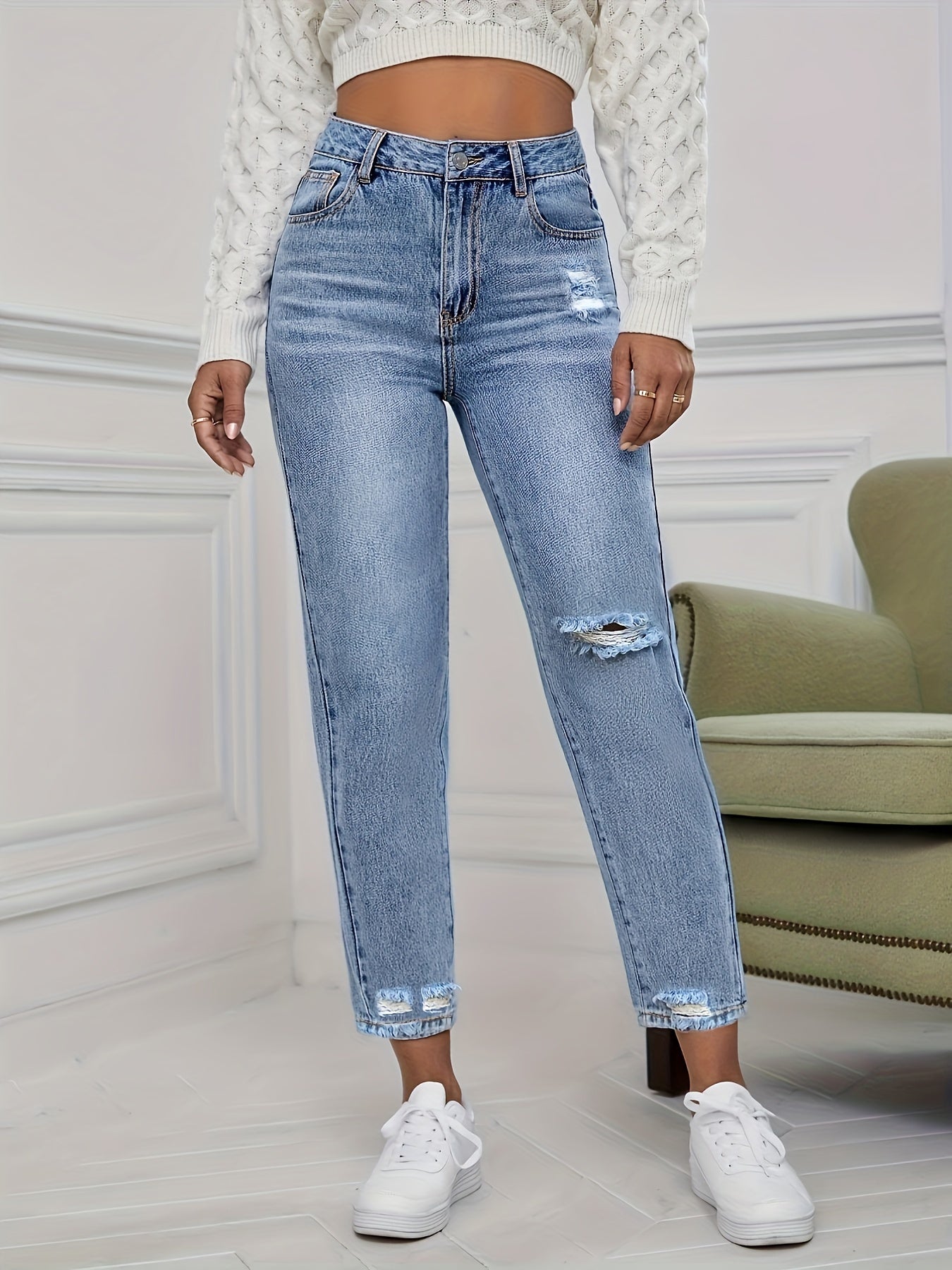 High Waist Distressed Denim Pants Women's Jeans