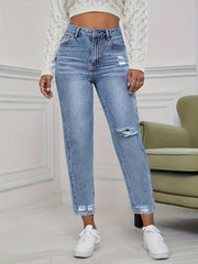 High Waist Distressed Denim Pants Women's Jeans