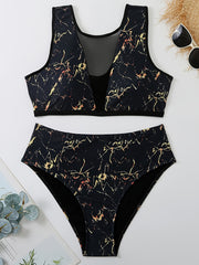 Marble Print Bikini Set Women's Plus Semi Sheer Swimsuit Beachwear