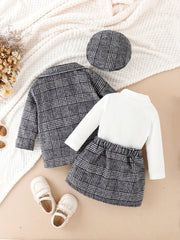 Baby Girl Plaid Blazer & Skirt & Pullover Top Set