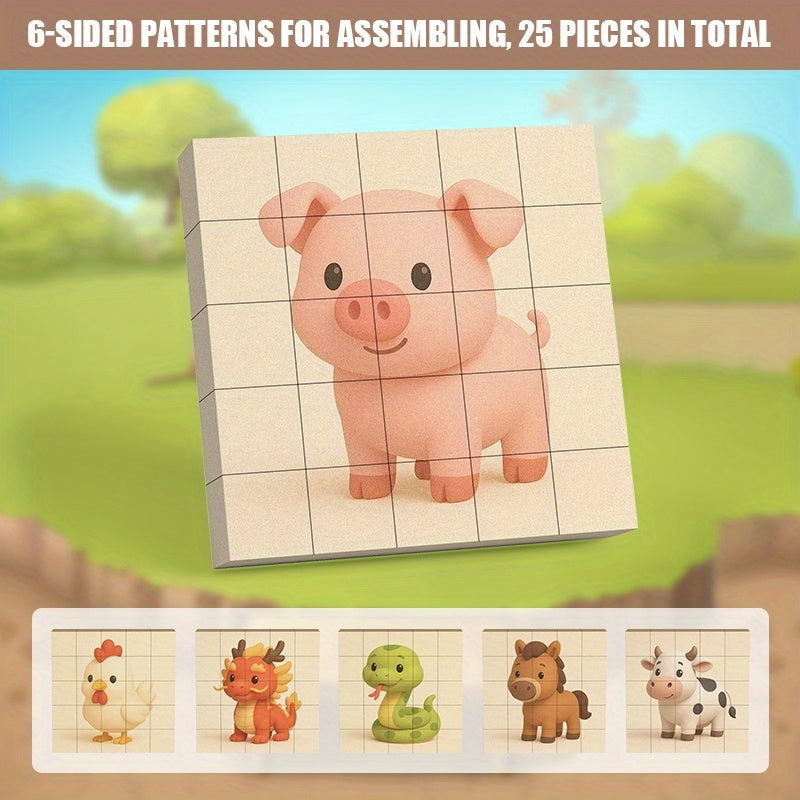 Magnetic Puzzle Toy 6 Sided Patterns Assembles into 6 Animal Designs