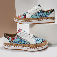 Women's Floral Print Flat Sneakers Lace Up Zipper Outdoor Shoes