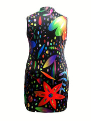 Floral Print Zip Up Stretch Tank Dress w/ Pockets - Plus Size
