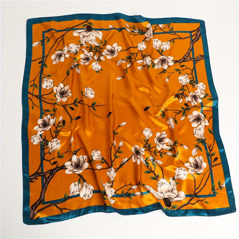 Flower Print Bandana Chinese Style Satin Square Scarf Women Windproof Head Wrap