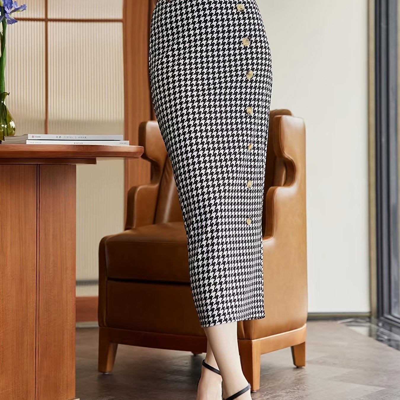 Houndstooth Button One Step Skirt Skinny Maxi Back Split