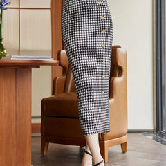Houndstooth Button One Step Skirt Skinny Maxi Back Split