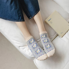 5 Pairs 3D Floral Textured Socks Retro Ethnic Style Low Cut Ankle Socks