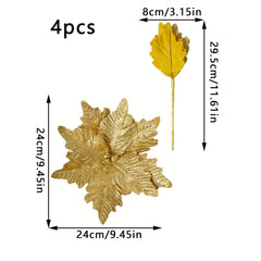 4pcs Christmas Flower Head - 24cm Artificial, Flashing Silvery Gold Brown