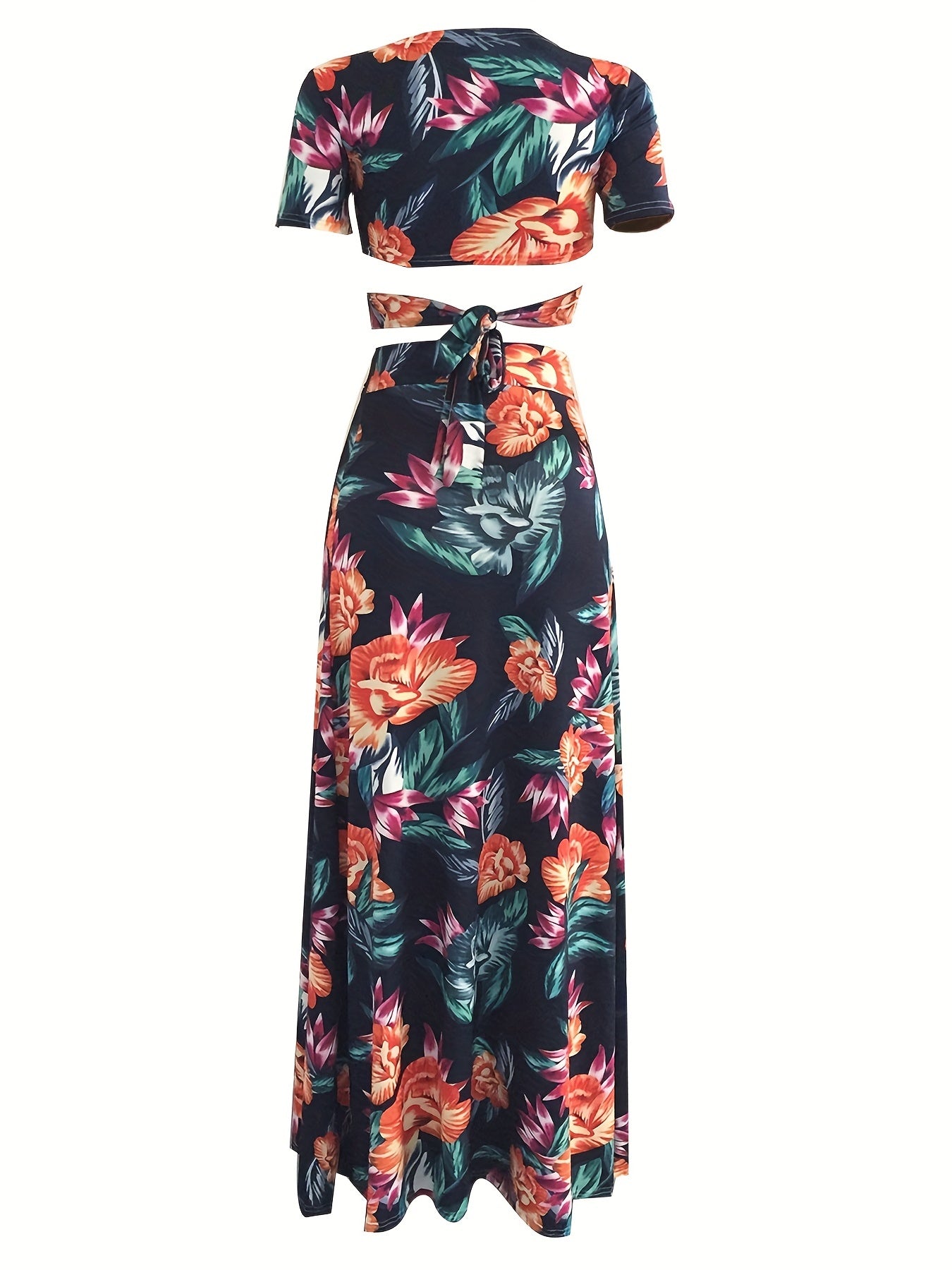Floral Print Two piece Skirt Set V neck Crop Top & Split Skirt