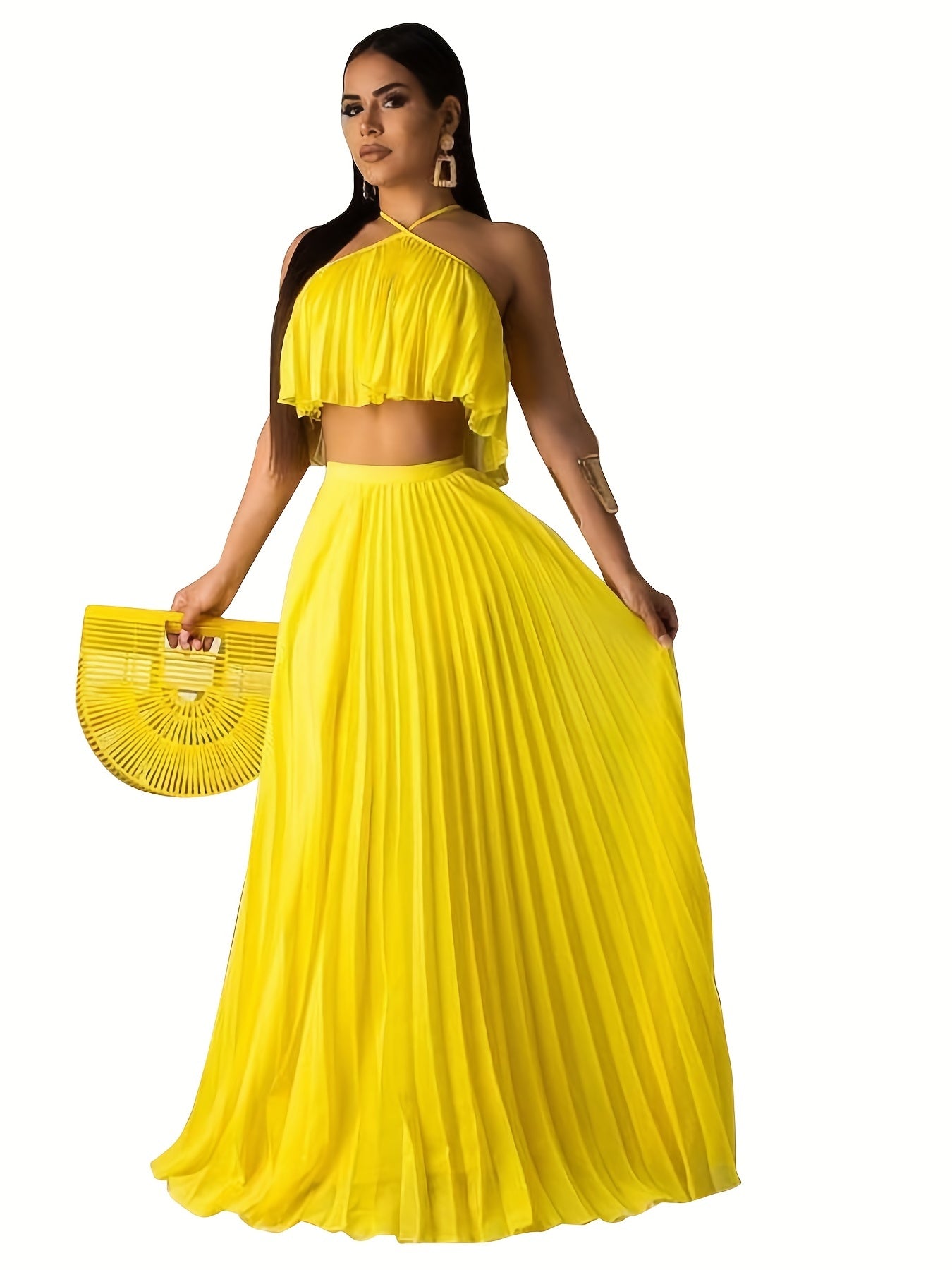 Solid Pleated Two piece Set Sleeveless Cropped Cami Top & High Waist Maxi Skirts