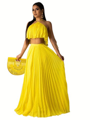 Solid Pleated Two piece Set Sleeveless Cropped Cami Top & High Waist Maxi Skirts