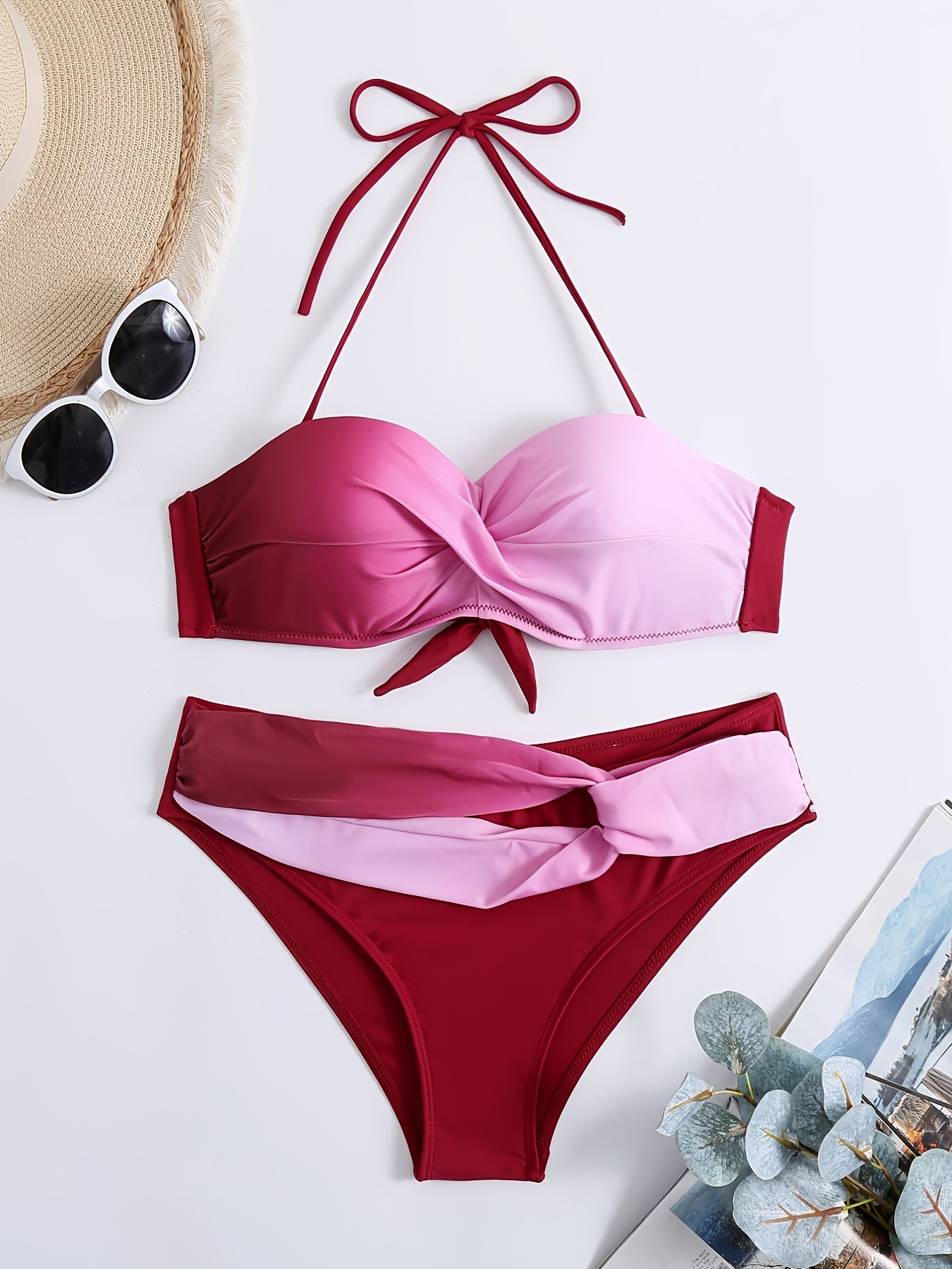 Ombre Twist Halter Tie Neck Bikini High Strech Low Waist 2 Piece Swimsuit