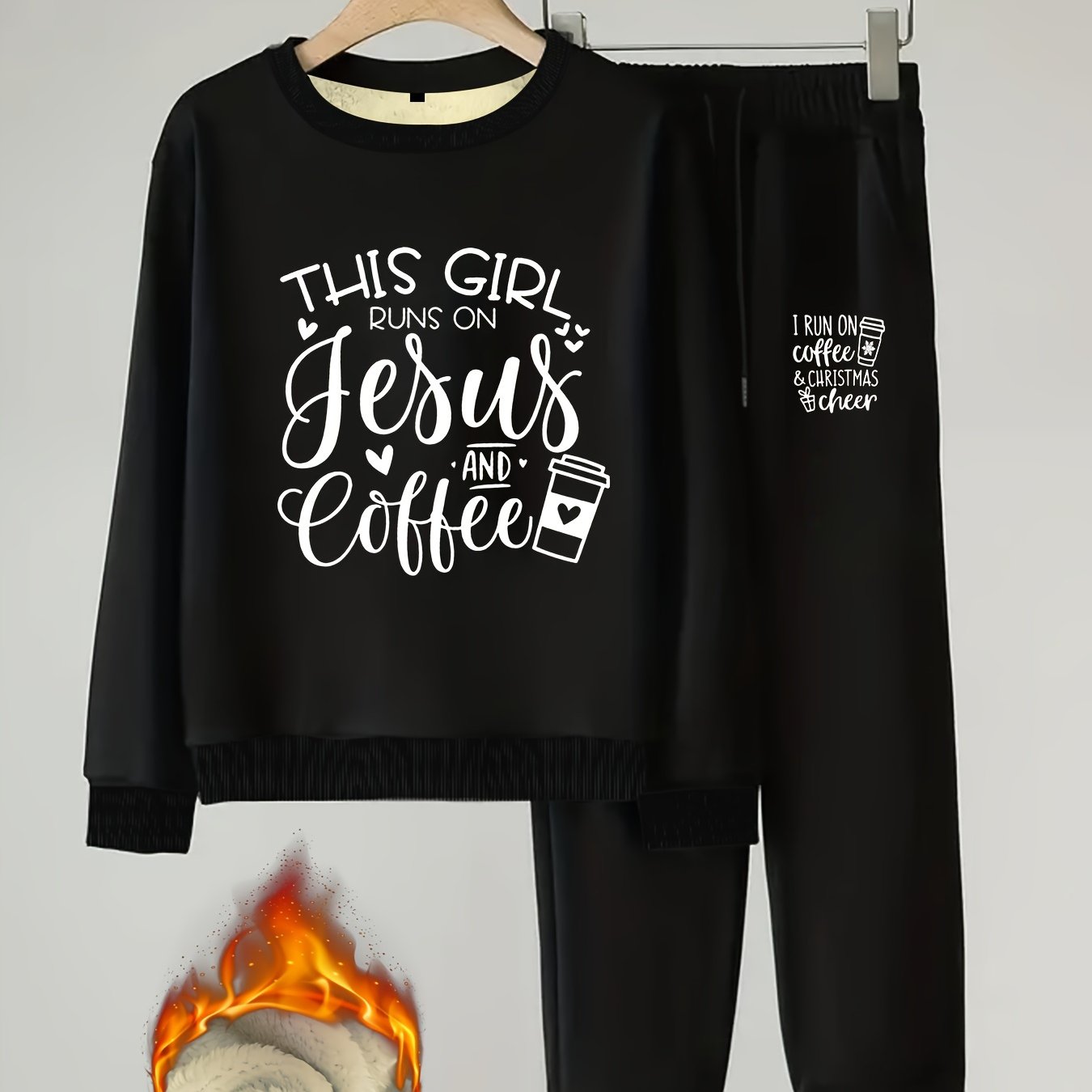 Women's Plus Coffee & Slogan Print Crew Neck Fleece Top & Joggers 2 Piece Set