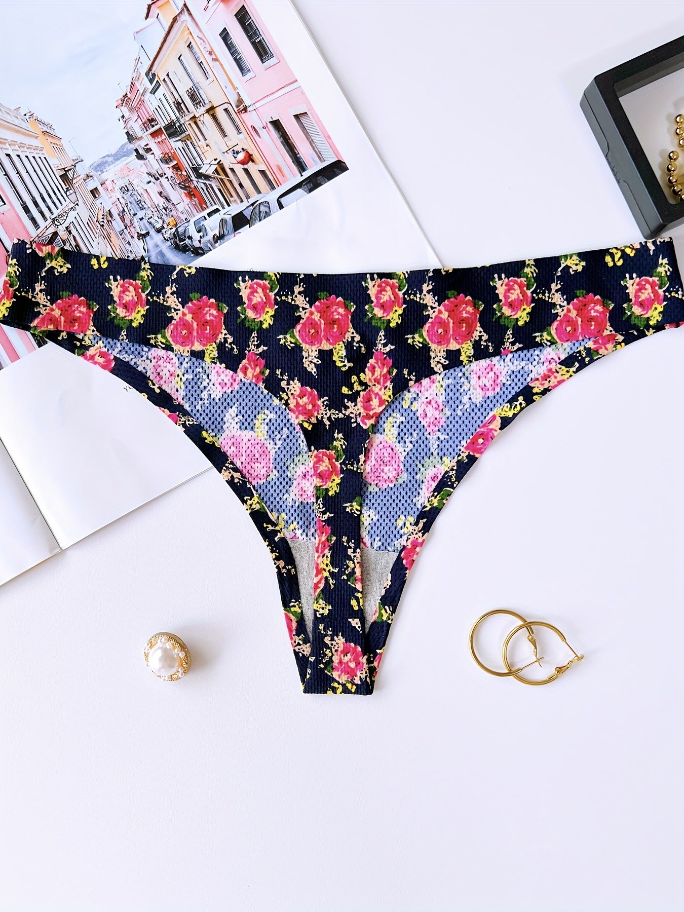 4pcs Floral Print Thongs Sexy Low Waist Intimates Panties