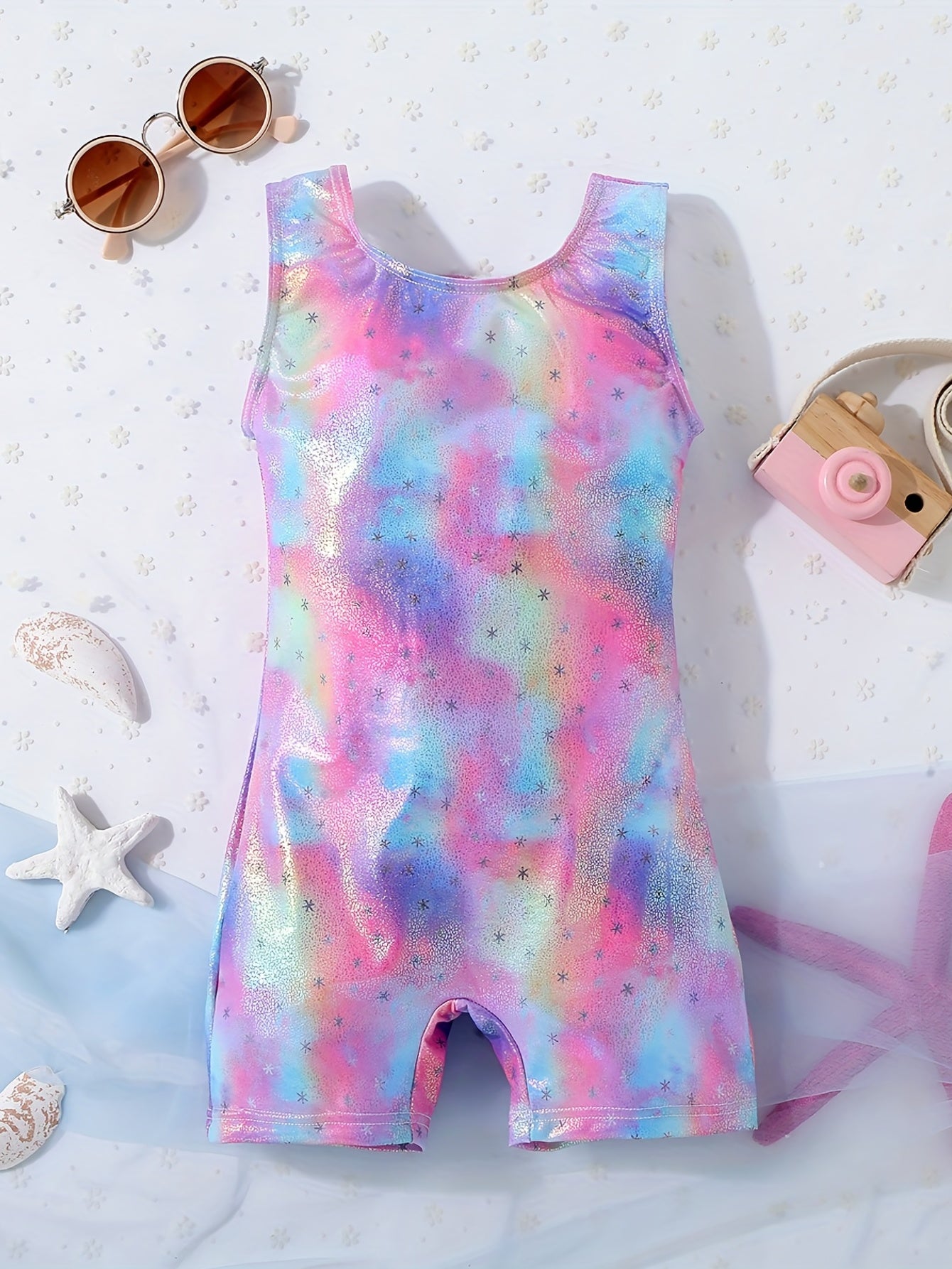 Girls Multicolor Graphic Swimsuit Romper Sleeveless Gymnastics Dance Bike