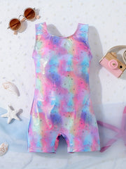 Girls Multicolor Graphic Swimsuit Romper Sleeveless Gymnastics Dance Bike