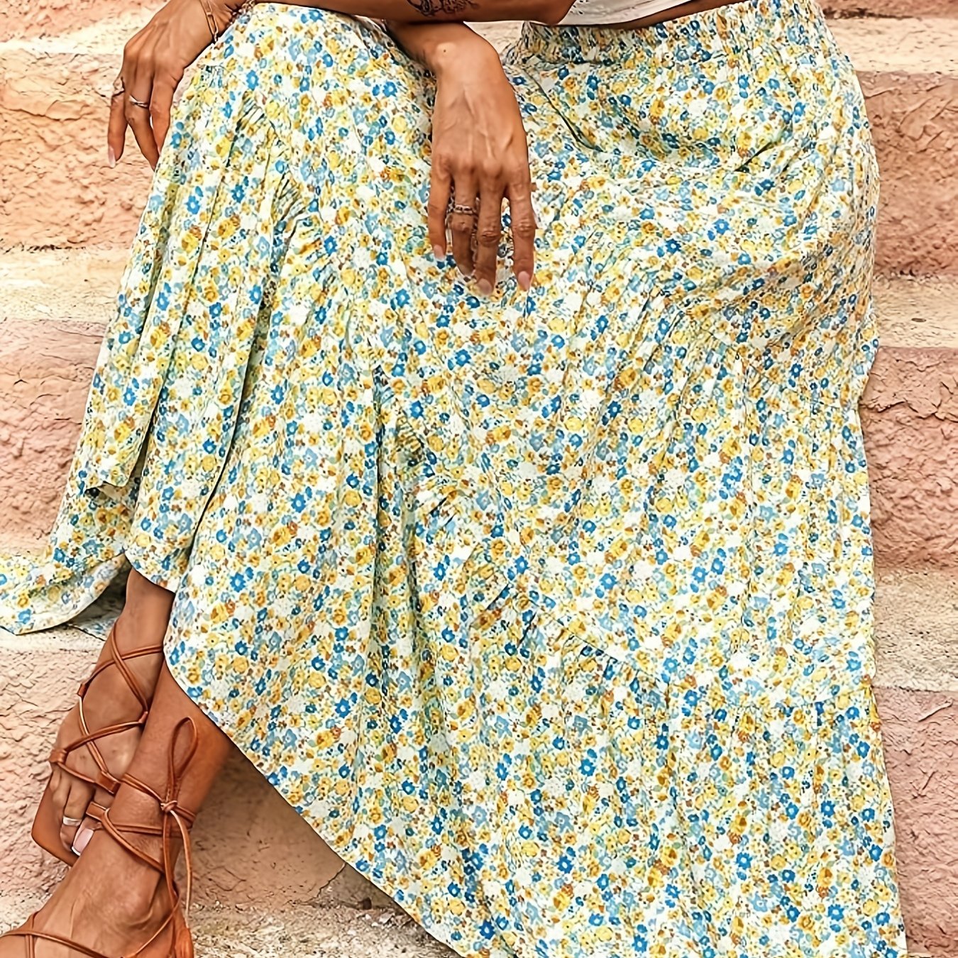 Boho Ditsy Floral Print High Rise Skirt