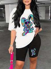 Cartoon Print 2pc Outfit Short Sleeve T Shirt & Shorts Set Women's Clothing
