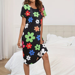 Floral Print Lounge Dress Short Sleeve Casual Crew Neck Home Dress