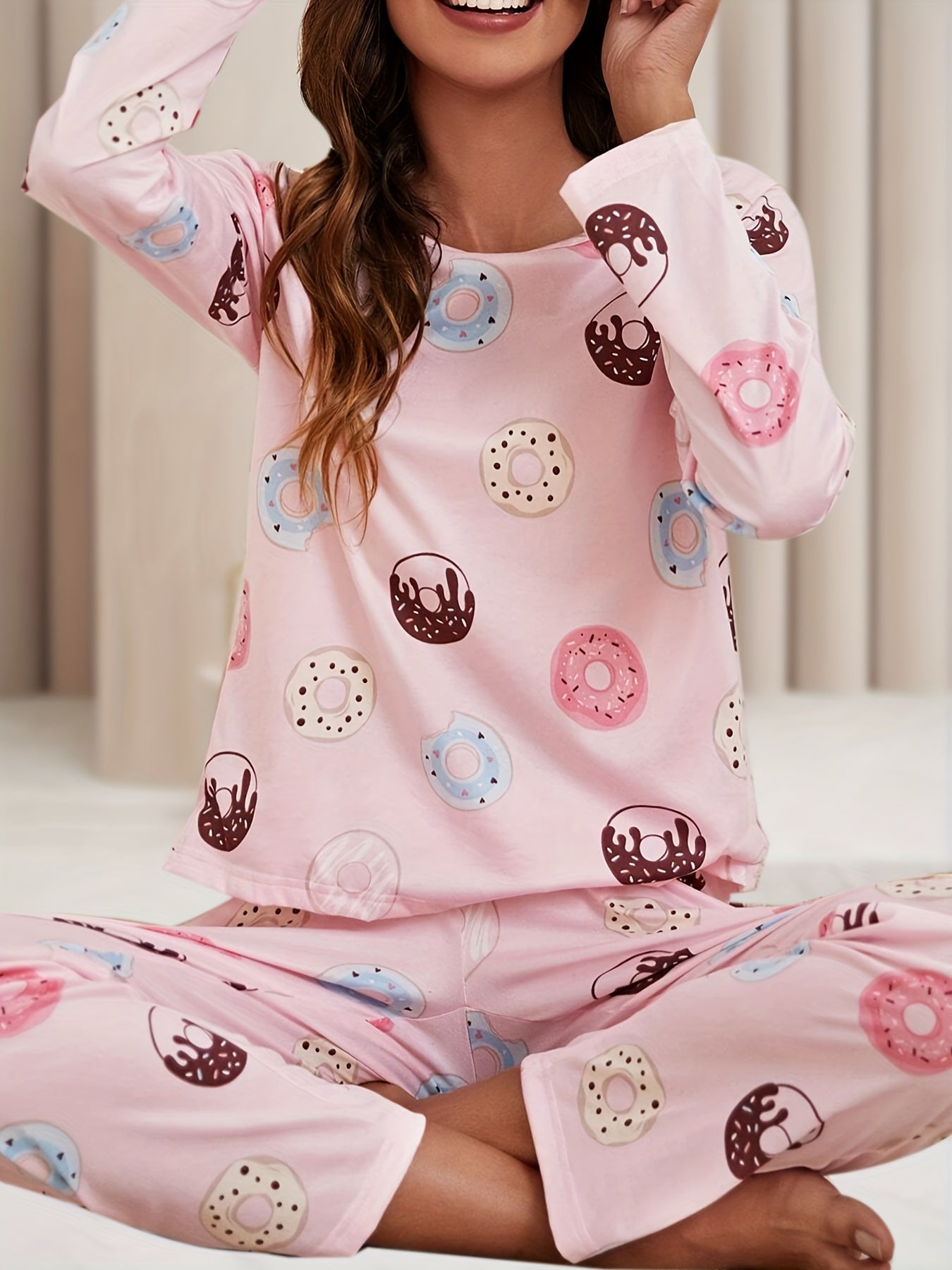 Donut Print Pajamas Set Round Neck Tee & Pants Loungewear