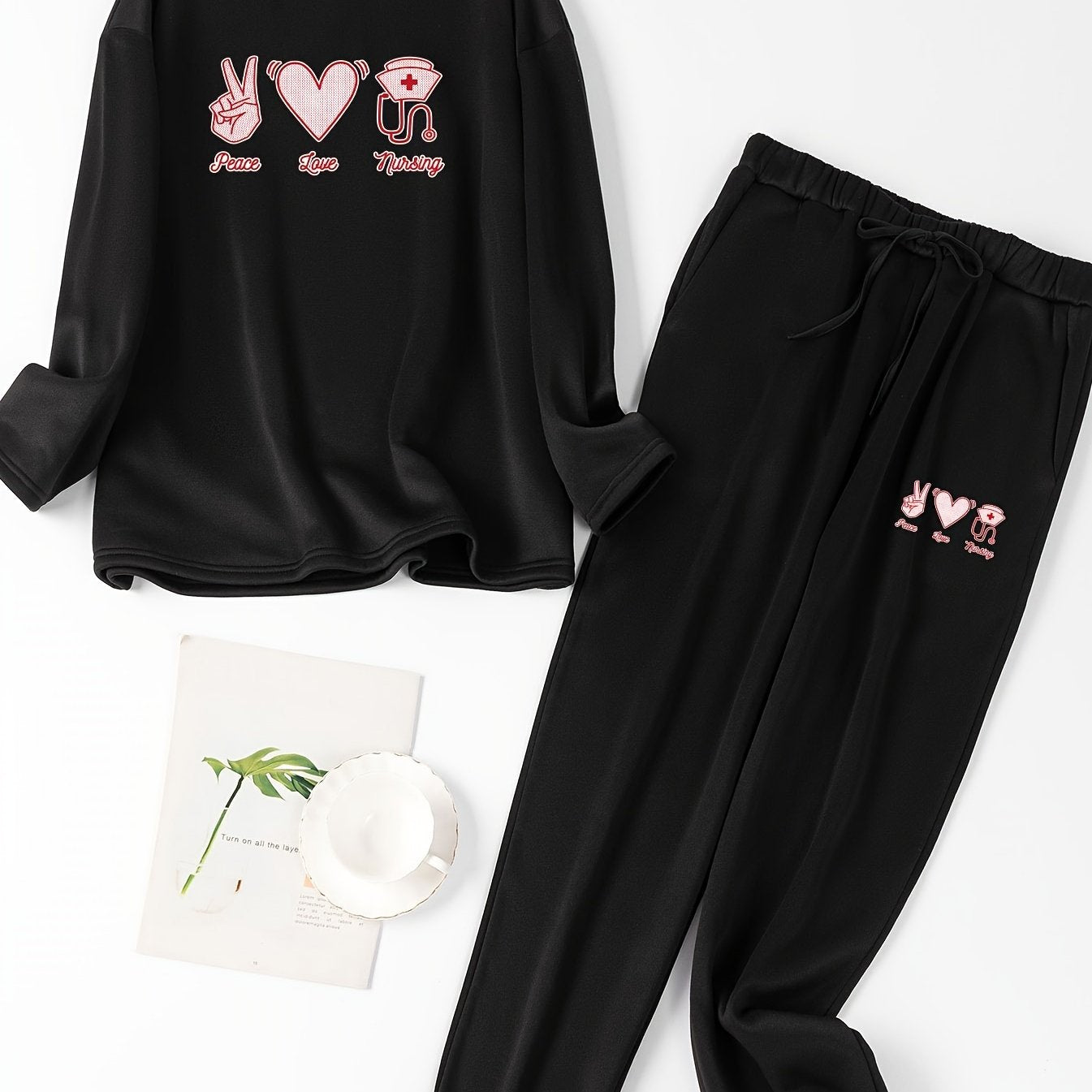 Letter Print Long Sleeve Top Lounge Set