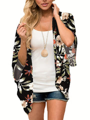 Plant Print Half Sleeve Kimono Cover Up V Neck Comfy Loose Beachwear