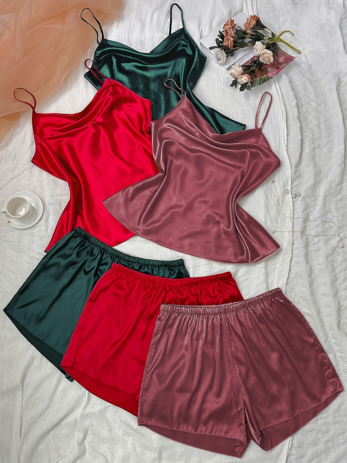 6 Pack Plus Size Satin Cami Top & Shorts Pajama Set