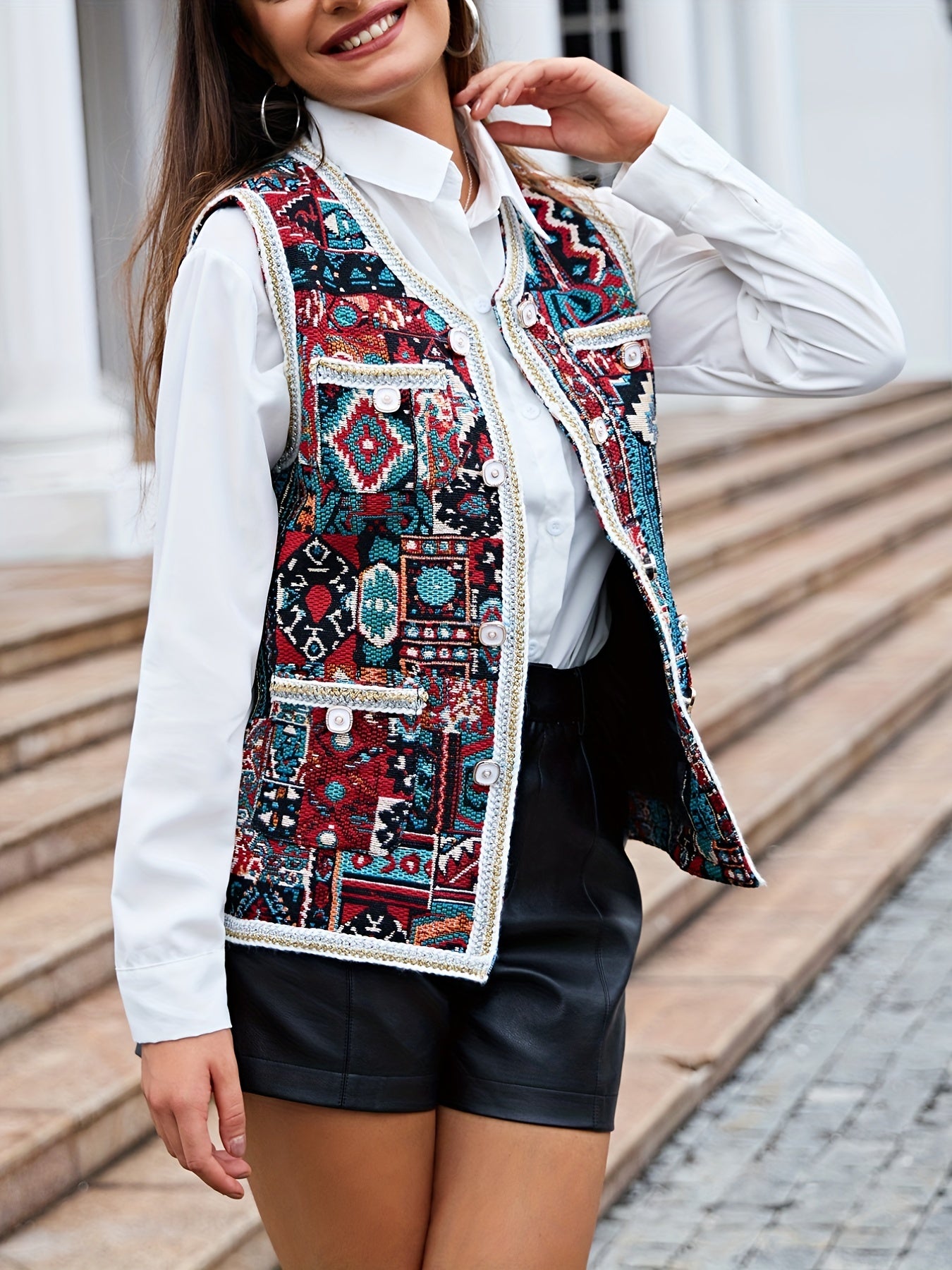 Geometric Pattern Button Front Vest Boho Sleeveless Vest