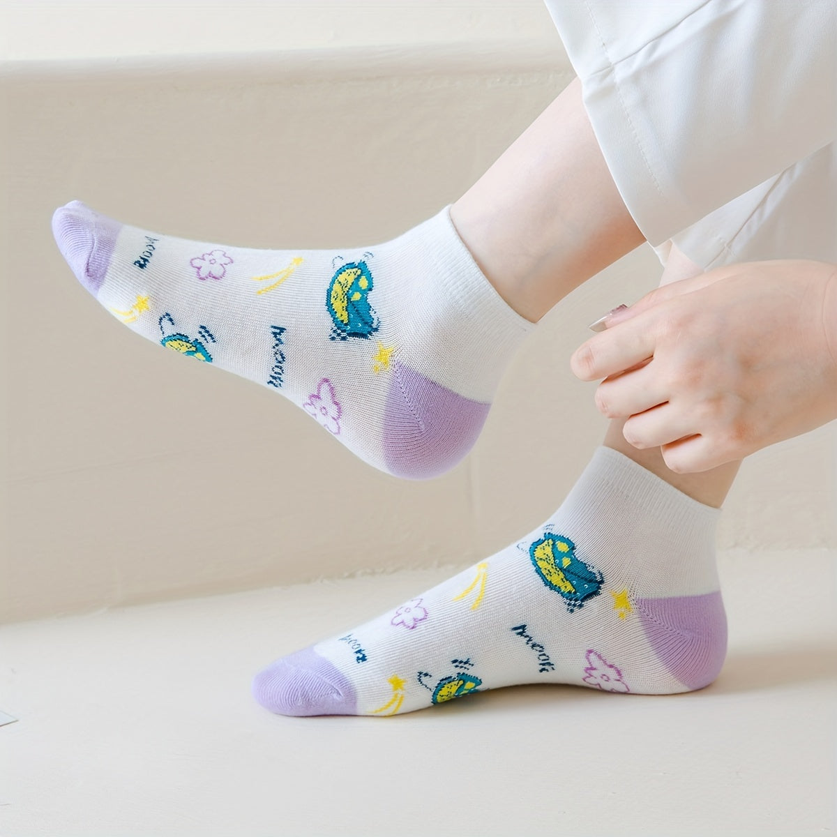 5 Pairs Floral & Starry Print Ankle Socks Women's Stockings & Hosiery