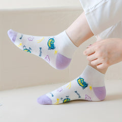 5 Pairs Floral & Starry Print Ankle Socks Women's Stockings & Hosiery