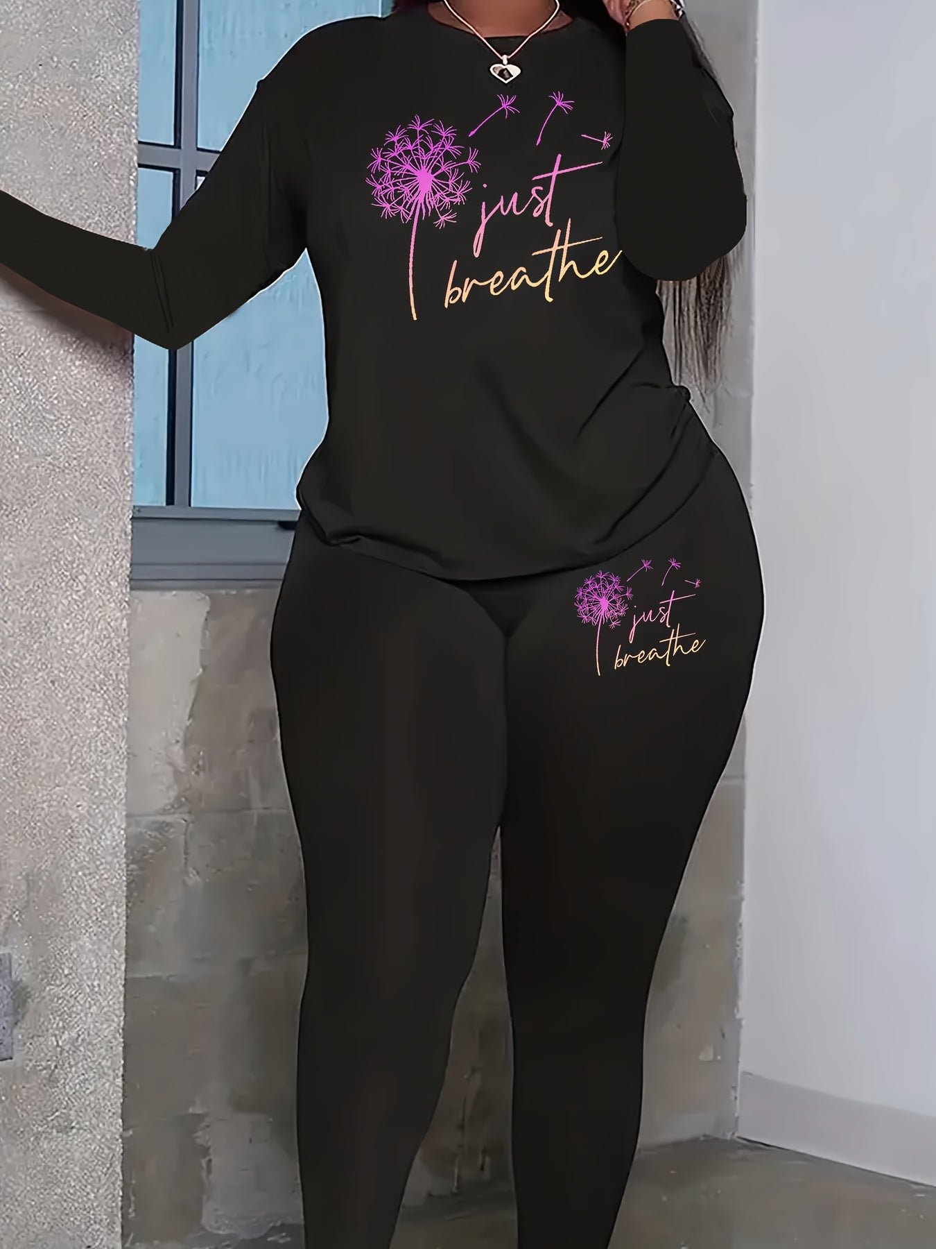 Women's Plus Dandelion & Slogan Print Top & Leggings Outfit