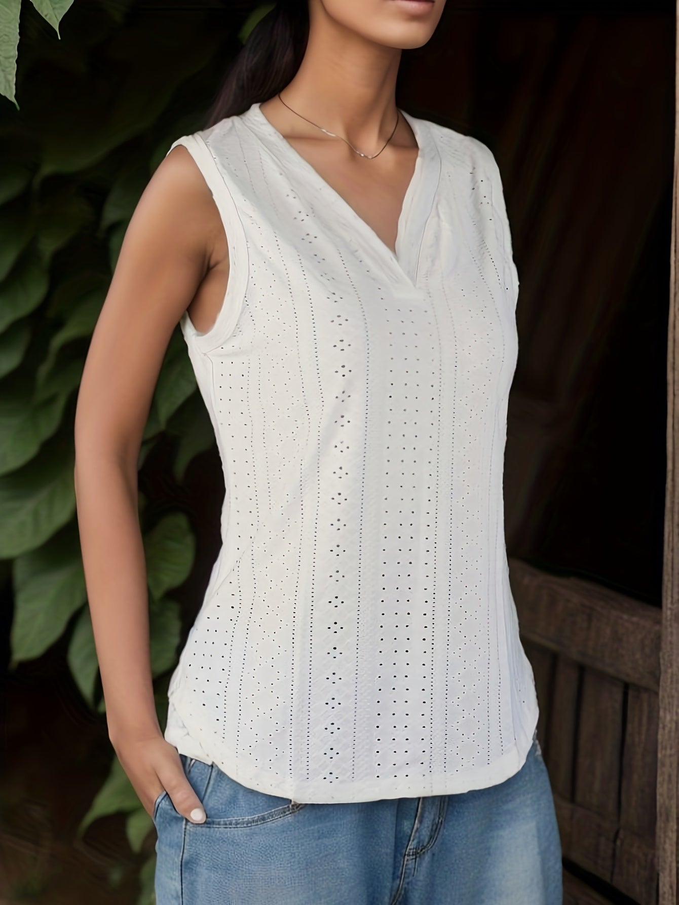 Eyelet Tank Top Casual V Neck Sleeveless Summer Women's Clothing