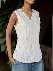 Eyelet Tank Top Casual V Neck Sleeveless Summer Women's Clothing