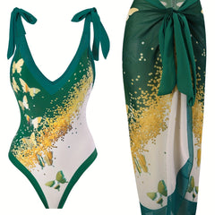 Butterfly Print Tie Shoulder Backless Swimsuit Cover Up