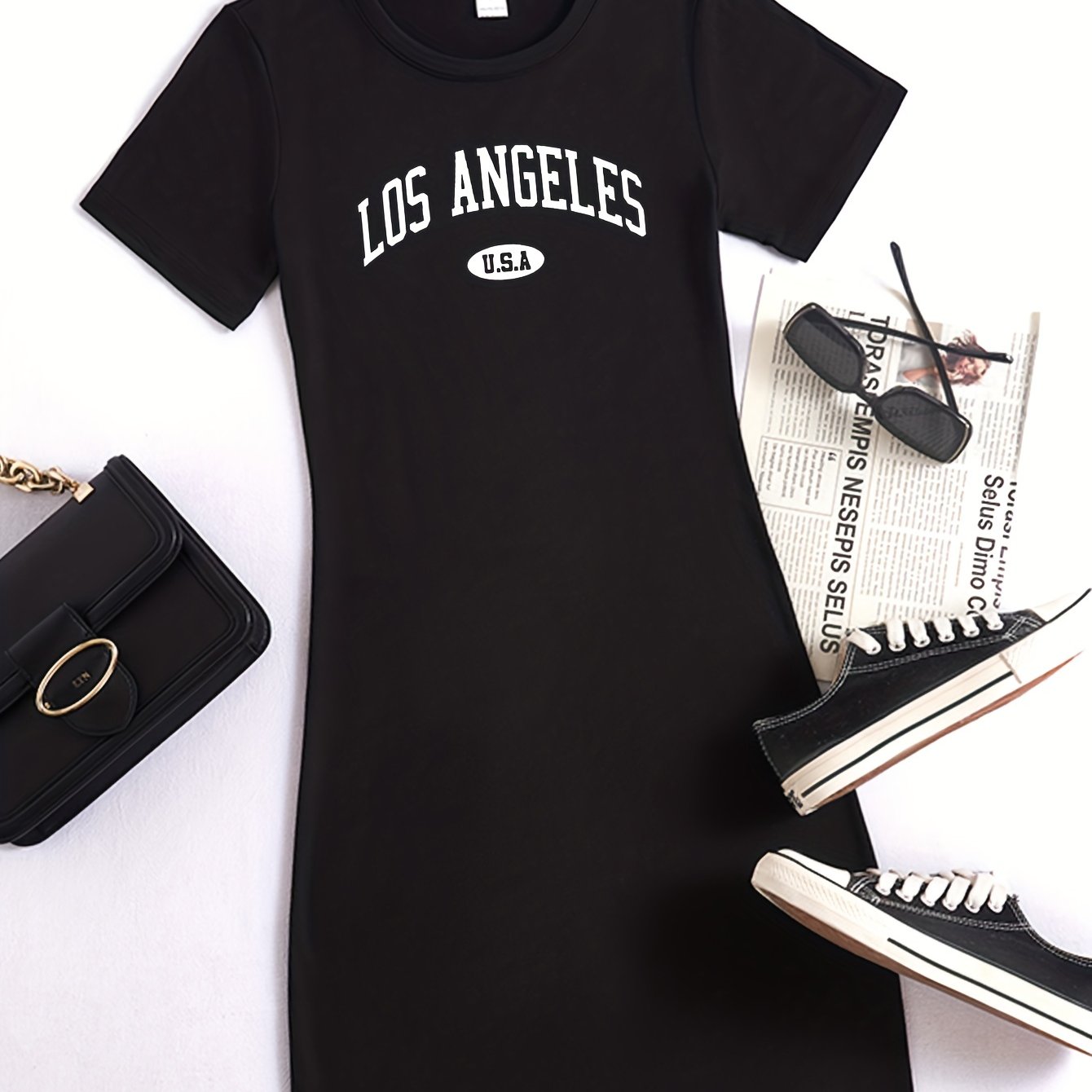 Letter Print Bodycon Dress Crew Neck Short Sleeve Casual Dress