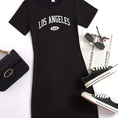 Letter Print Bodycon Dress Crew Neck Short Sleeve Casual Dress