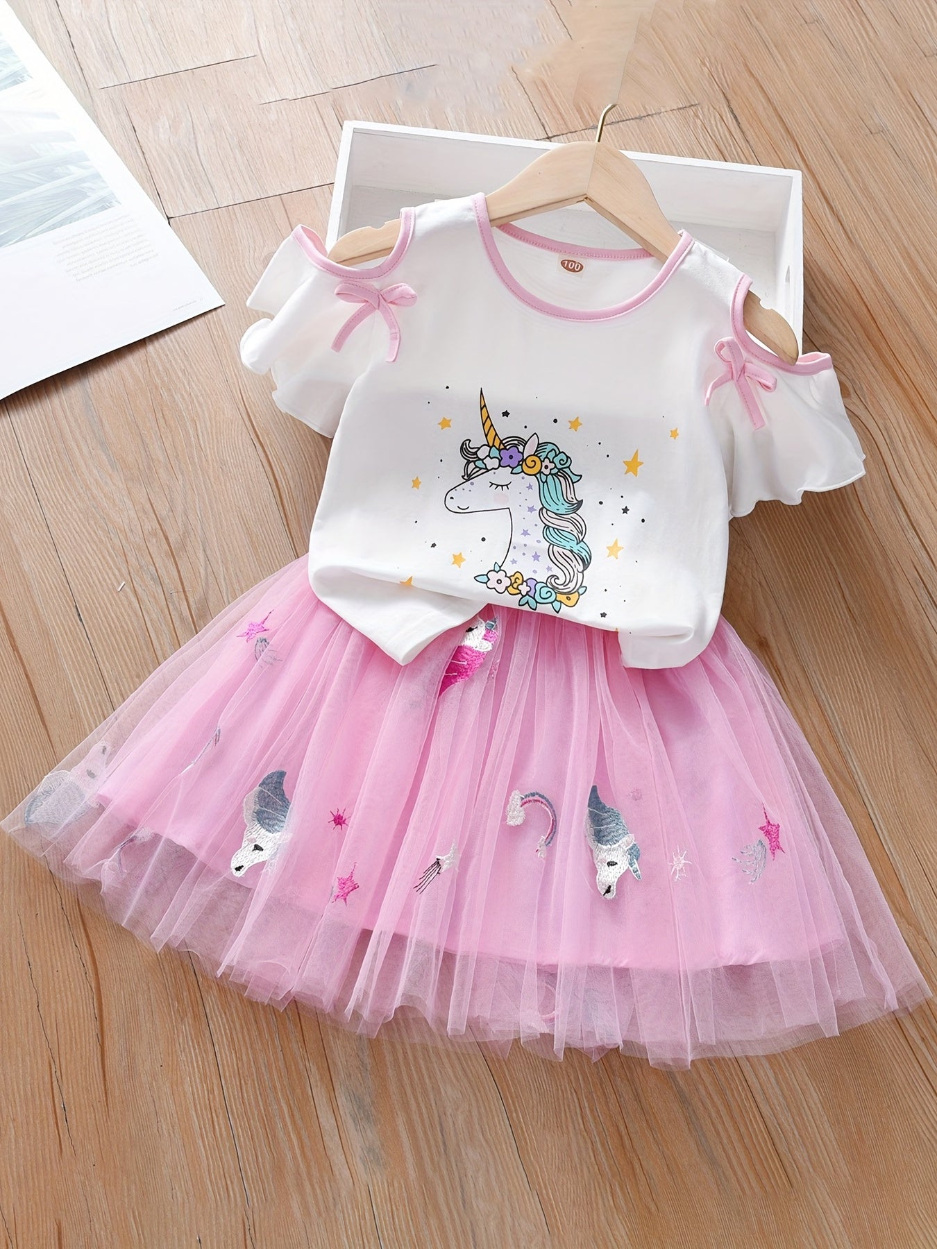 2pc Toddler Girls Unicorn Bow Top & Tutu Skirt Set For Party Kids Summer Clothes
