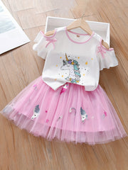 2pc Toddler Girls Unicorn Bow Top & Tutu Skirt Set For Party Kids Summer Clothes
