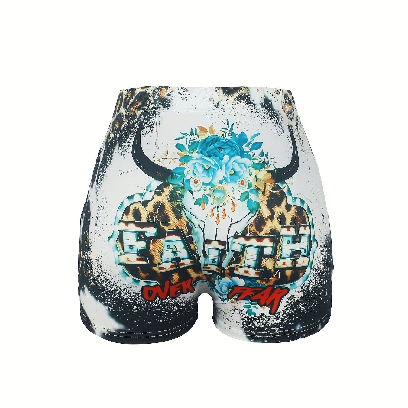 Cow Skull & Letter Print Shorts Women's Clothing