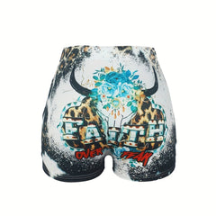 Cow Skull & Letter Print Shorts Women's Clothing